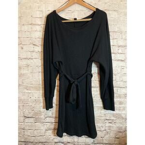 Revamped Sweater Dress Womens Large Black Ribbed Belted Dolman Sleeve Stretch